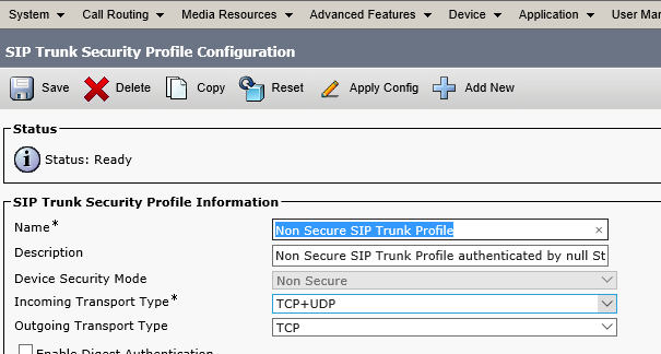 SIP Trunk Security Profile Configuration